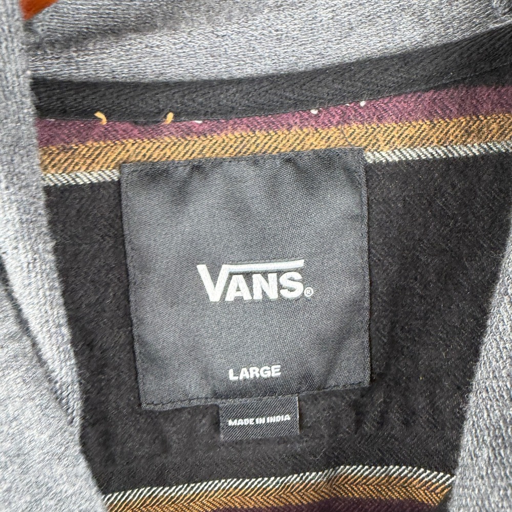 Vans Mens Large Hooded Flannel Shirt Black Gold Burgundy Striped Button Up L - Picture 2 of 5